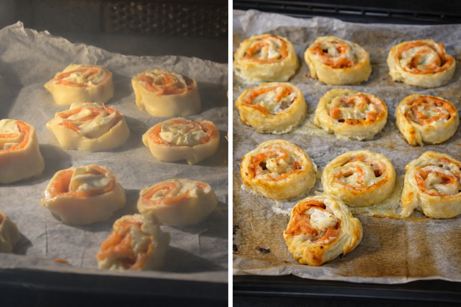 Girelle al salmone con pasta sfoglia, salmone affumicato e mozzarella in forno