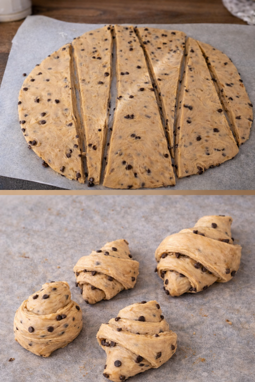 Fasi di preparazione dei cornetti con gocce di cioccolato: triangoli di impasto e cornetti formati