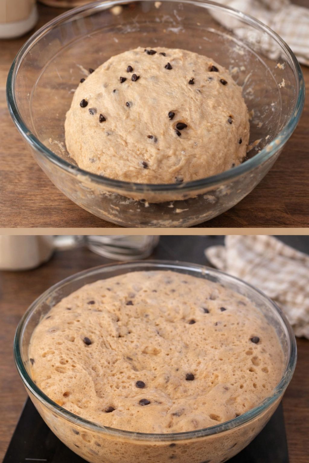 Impasto lievitato con gocce di cioccolato in ciotola di vetro, pronto per essere lavorato