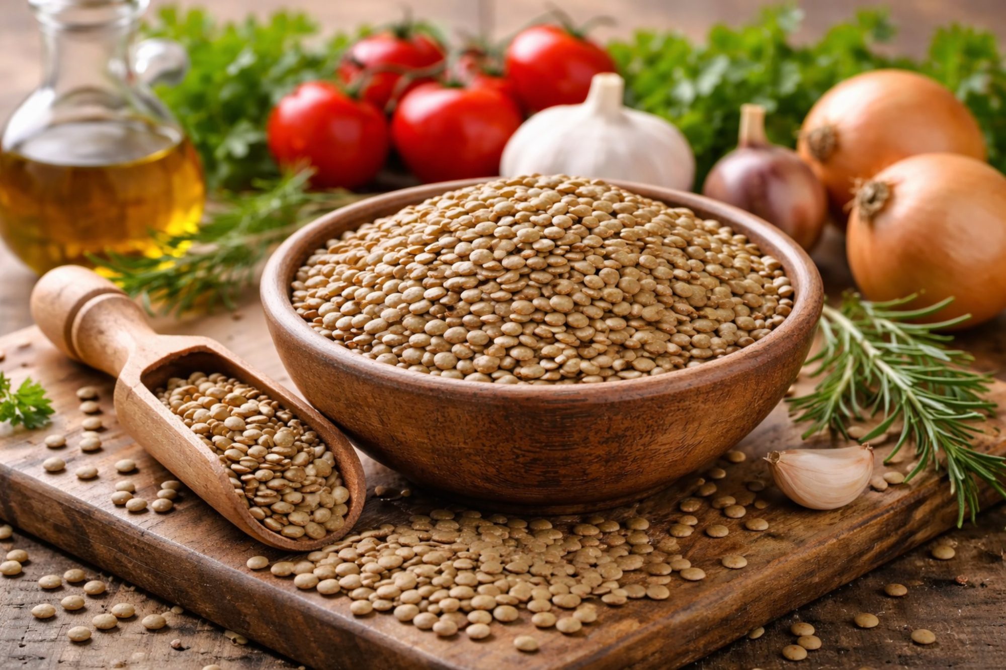 lenticchie secche in ciotola di legno con ingredienti per ricette